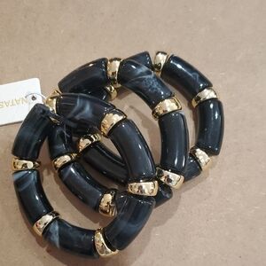 Natasha couture black stone and gold plated 3 piece stacked stretch bracelet new